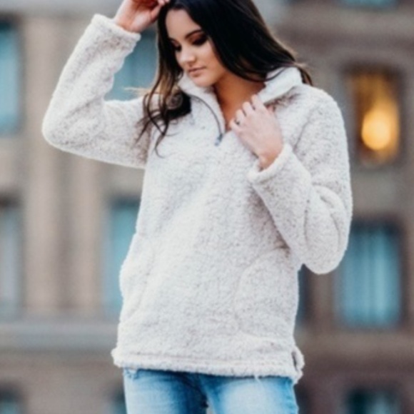 065 Cozy Oatmeal Teddy Zipper Pullover Sweater Top - Picture 3 of 4